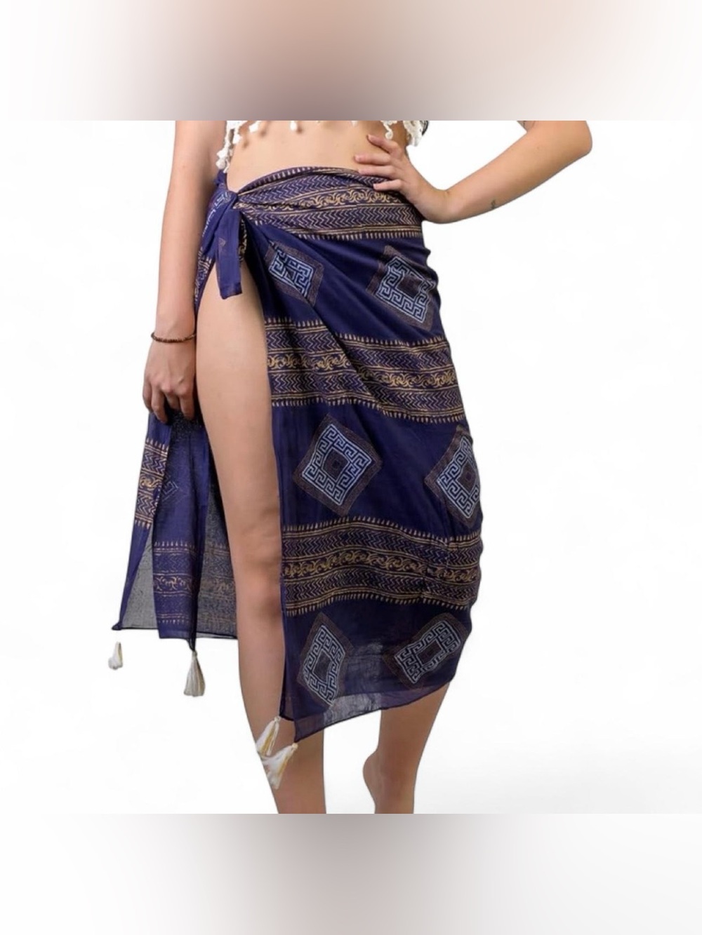 Rhea Greek Key Geometric Cotton Sarong scarf Wrap Beach Cover Up Blue & Gold NEW